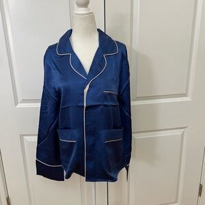 NAKEDCASHMERE 100% Silk Pajama Top Navy Blue Ivory Piping Size S